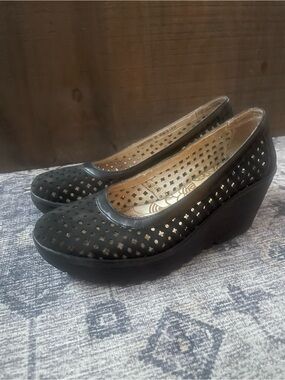 Fly London Yika Black Perforated Leather Wedge Pump EU40